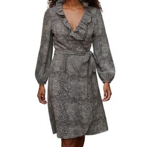ELIZABETH MCKAY Scotland Brown White Animal Print Ruffle Wrap Dress NWT Size 12